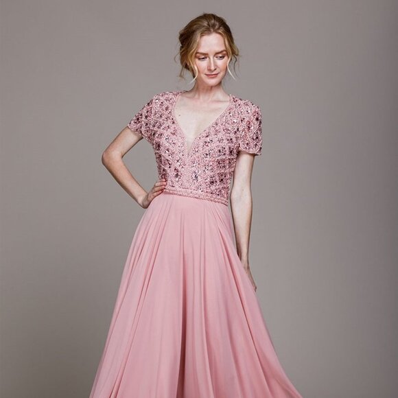 Sequined Illusion V-Neck Evening Dress AC787 - Picture 3 of 4